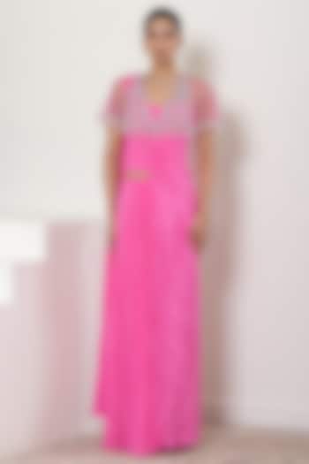 Pink Crepe Embroidered Jacket Wedding Saree Set by Sunanta Madaan at Pernia's Pop Up Shop