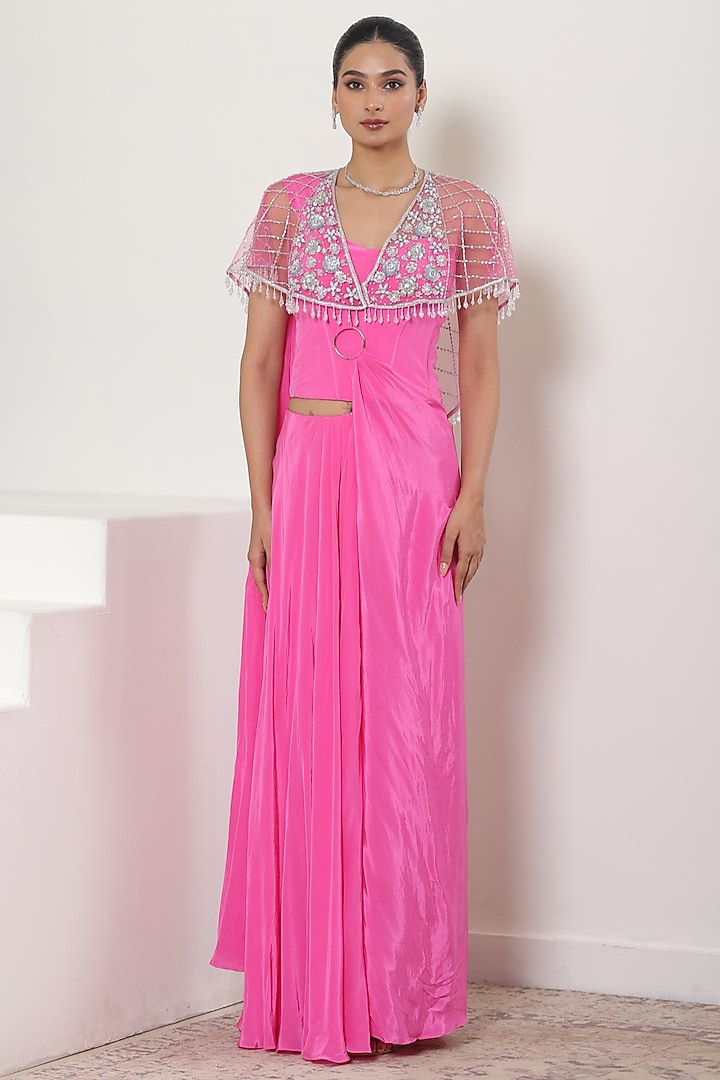 Pink Crepe Embroidered Jacket Wedding Saree Set by Sunanta Madaan at Pernia's Pop Up Shop