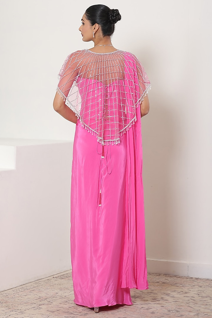 Pink Crepe Embroidered Jacket Wedding Saree Set by Sunanta Madaan at Pernia's Pop Up Shop