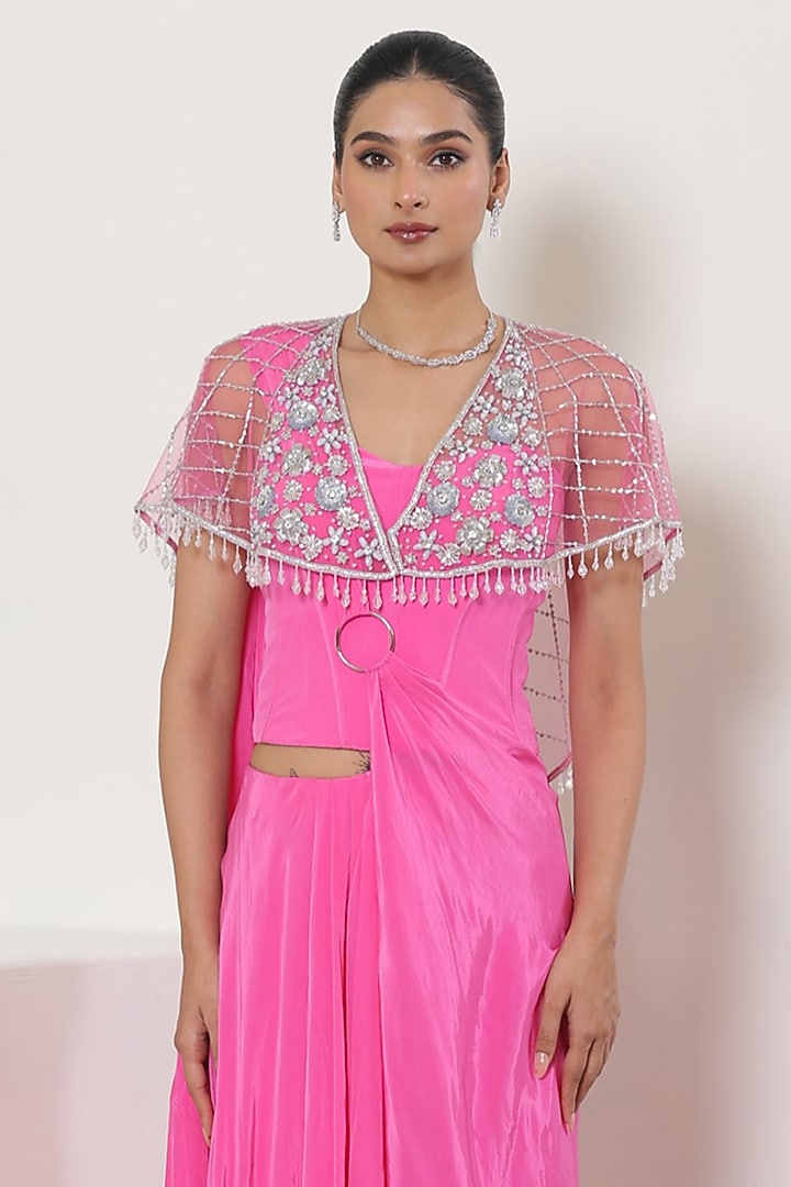 Pink Crepe Embroidered Jacket Wedding Saree Set by Sunanta Madaan at Pernia's Pop Up Shop