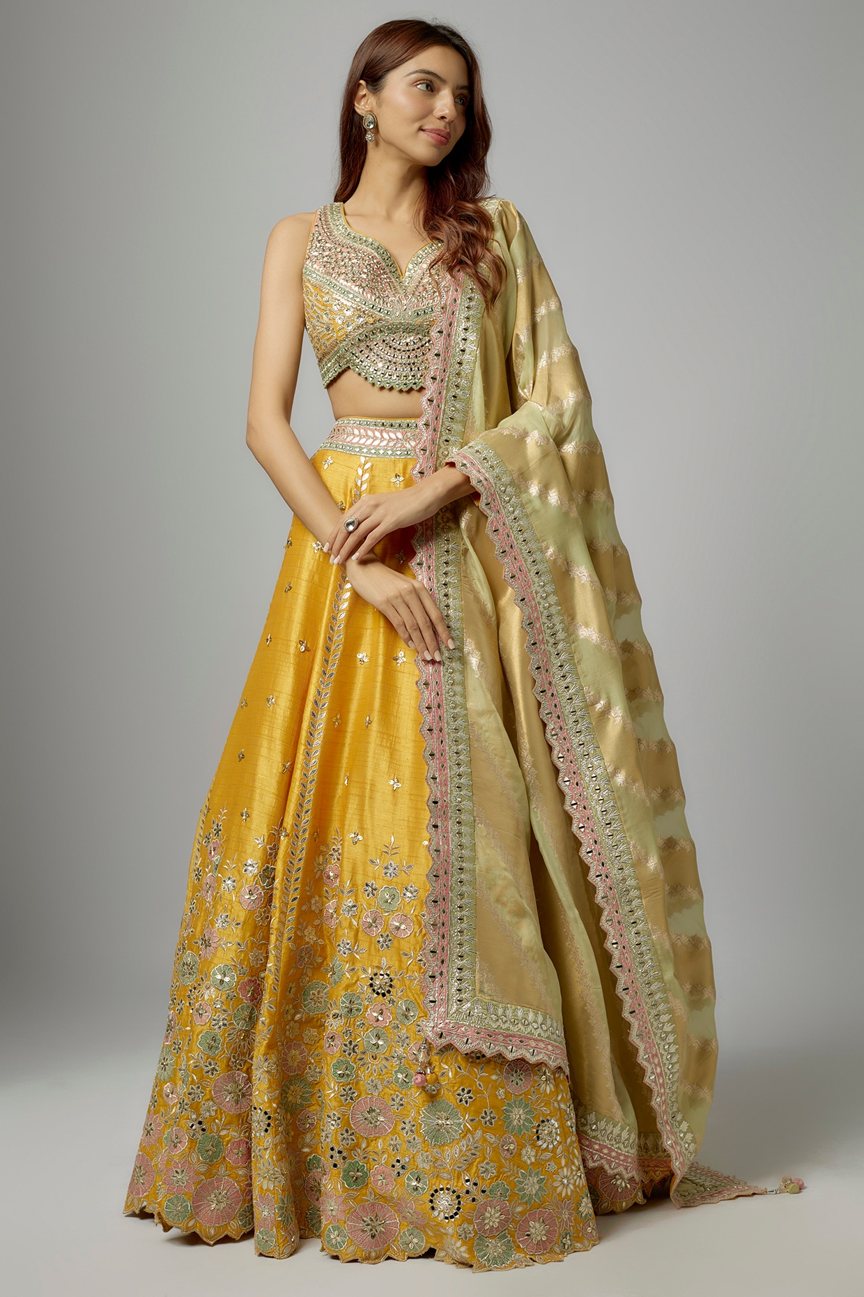 Yellow Net Tiered Flared Lehenga Set