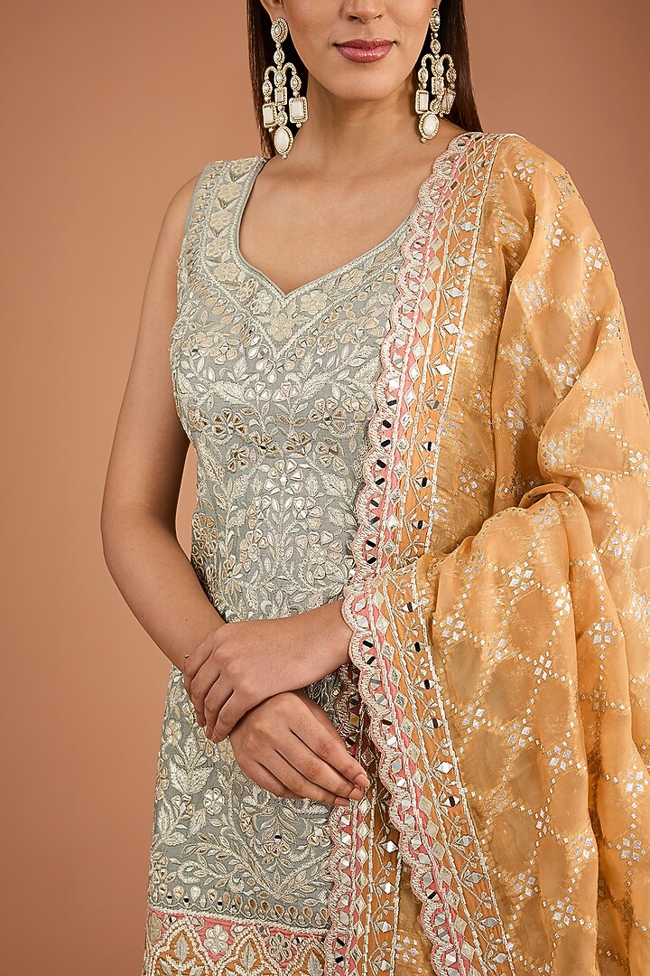 Grey Slub Silk Mirror & Zari Embroidered Wedding Sharara Set by Suhino at Pernia's Pop Up Shop