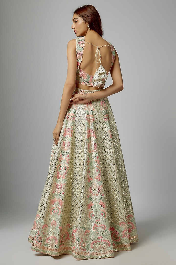 White Slub Silk Mirror & Resham Embroidered Wedding Lehenga Set by Suhino at Pernia's Pop Up Shop