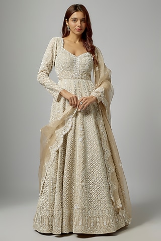 Beige Organza Sequins & Nalki Hand Embroidered Anarkali Set by Suhino