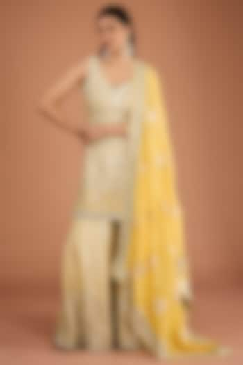 Light Yellow Slub Silk Mirror & Zari Embroidered Sharara Set by Suhino at Pernia's Pop Up Shop