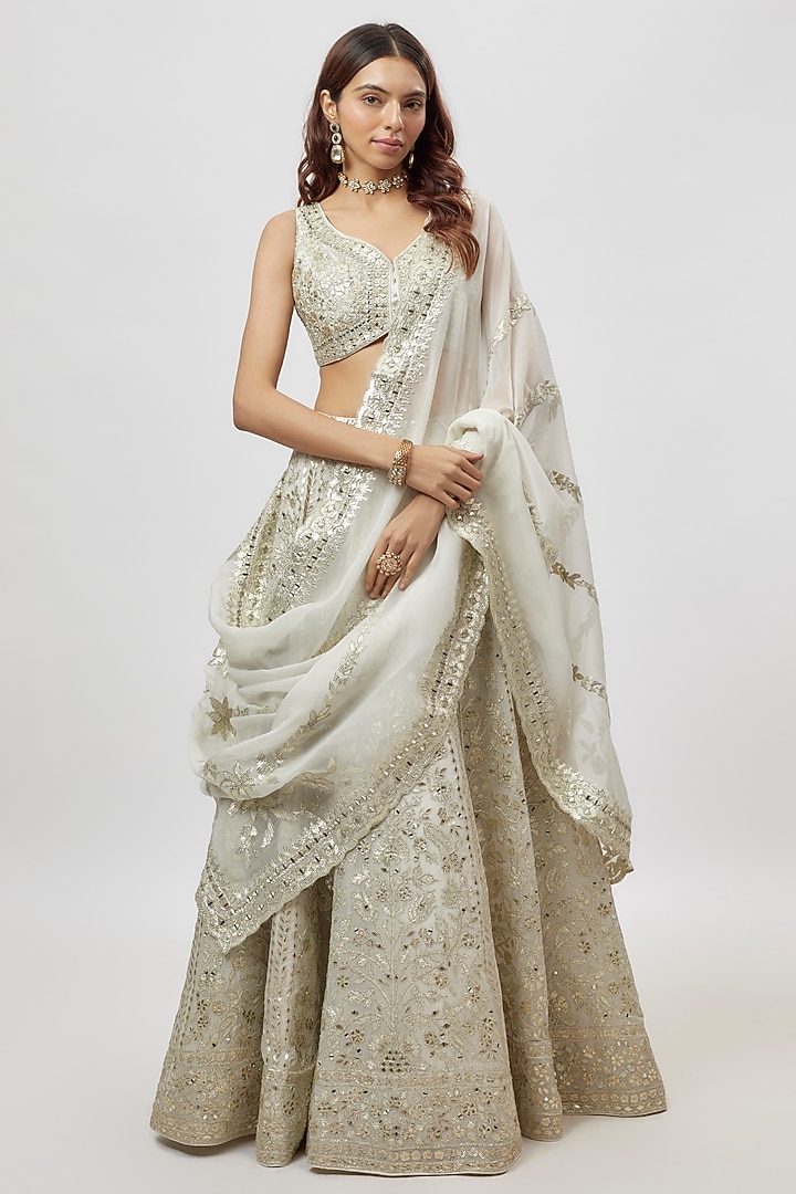 White Organza Mirror Embroidered Wedding Lehenga Set by Suhino at Pernia's Pop Up Shop