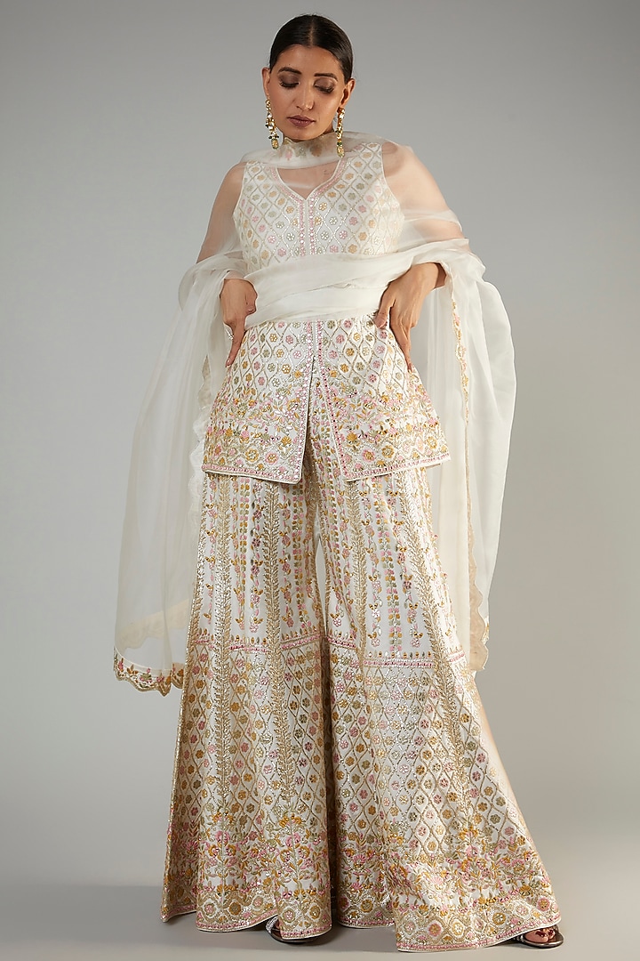 Women Off White Chinon Silk Embroidered Sharara Suit