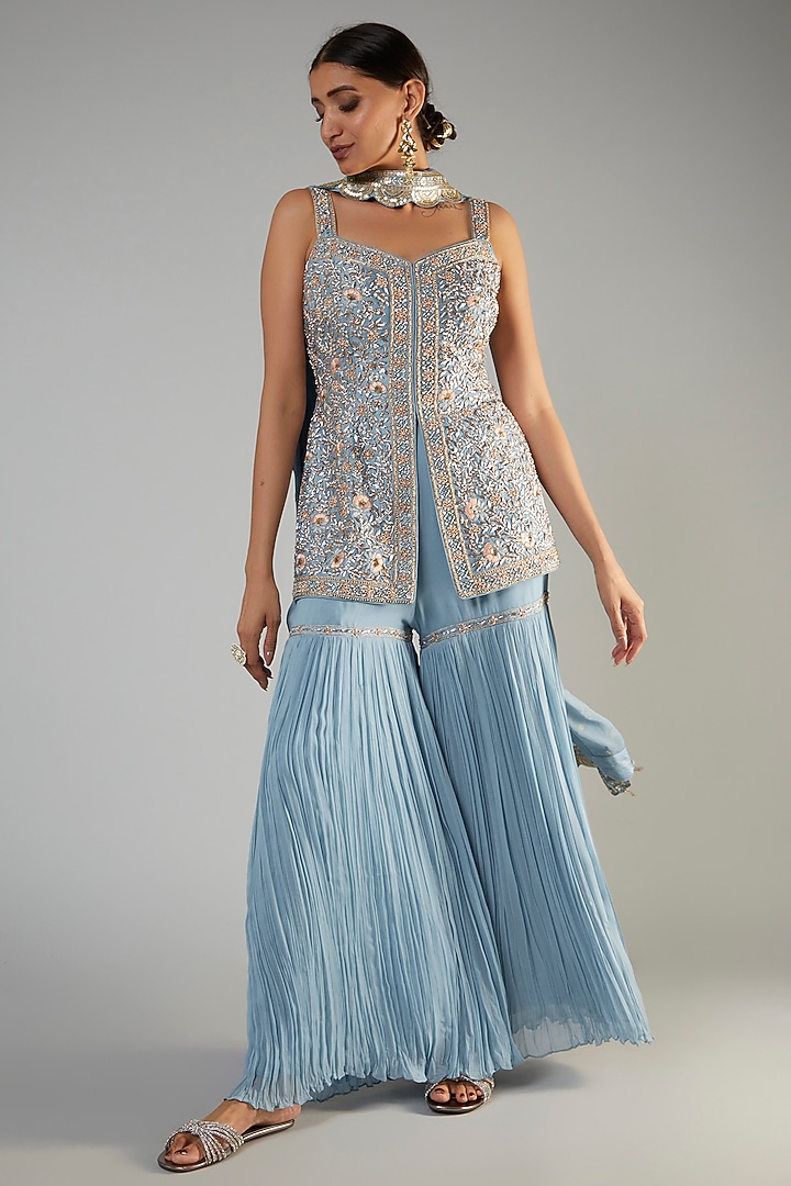 Blue Georgette Gharara Set by Suhino at Pernia's Pop Up Shop