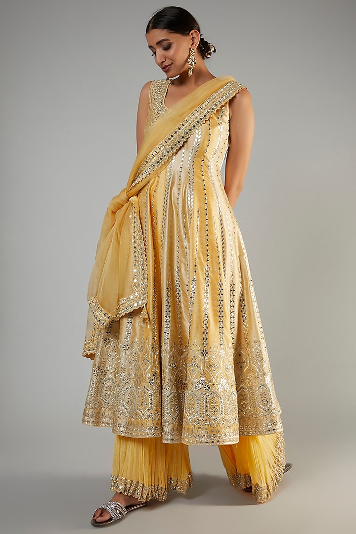 Yellow & Champagne Slub Silk Embroidered Anarkali Set by Suhino at Pernia's Pop Up Shop