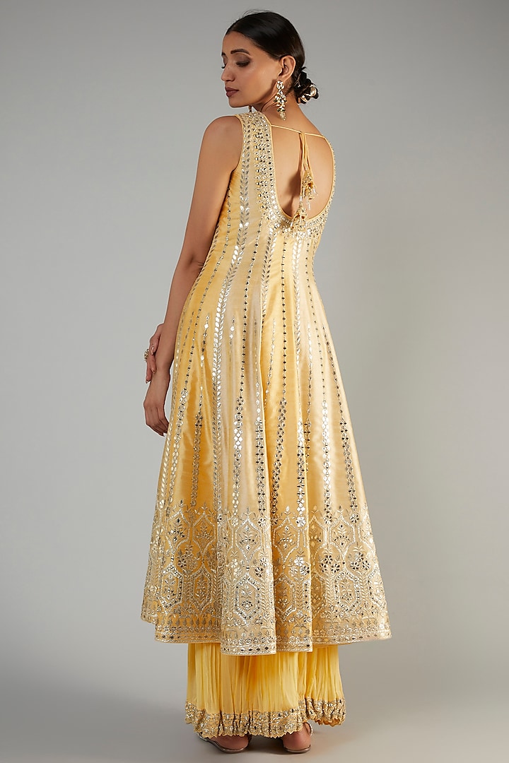 Yellow & Champagne Slub Silk Embroidered Wedding Anarkali Set by Suhino at Pernia's Pop Up Shop