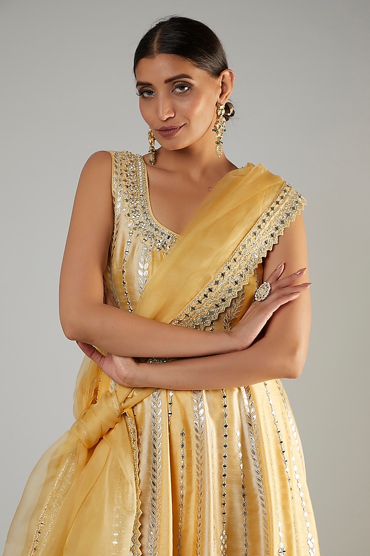 Yellow & Champagne Slub Silk Embroidered Wedding Anarkali Set by Suhino at Pernia's Pop Up Shop