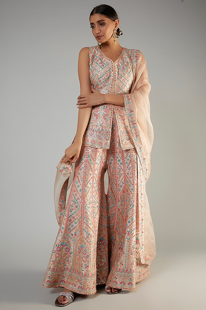 Champagne Slub Silk Embroidered Wedding Sharara Set by Suhino at Pernia's Pop Up Shop