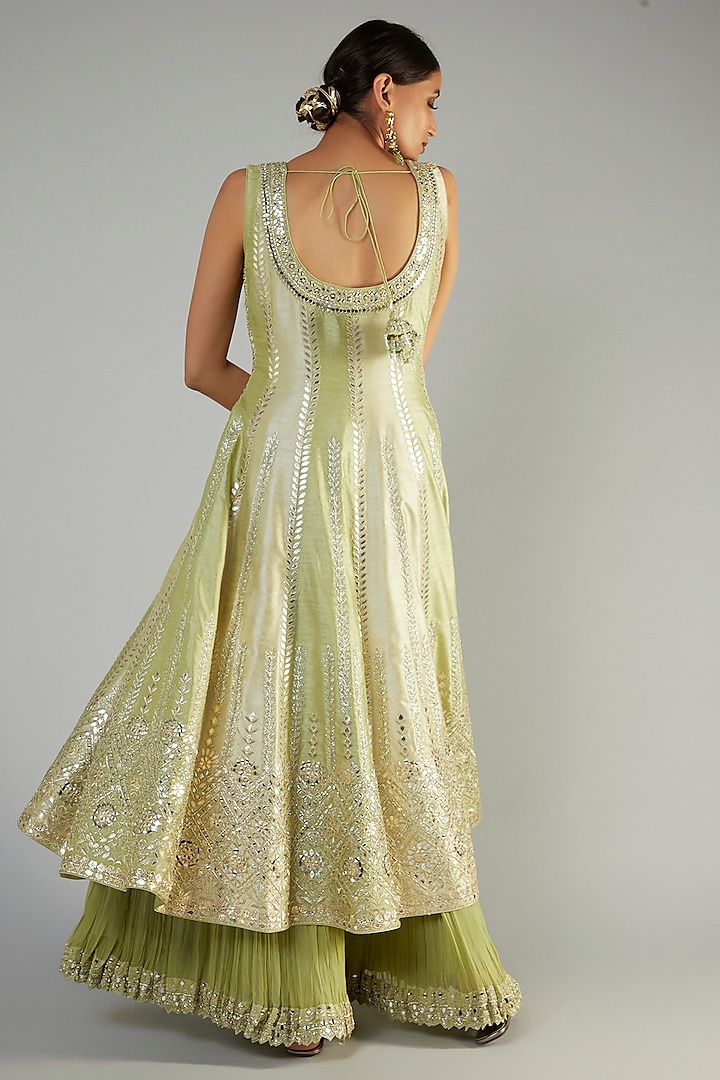Green Slub Silk Embroidered Wedding Anarkali Set by Suhino at Pernia's Pop Up Shop