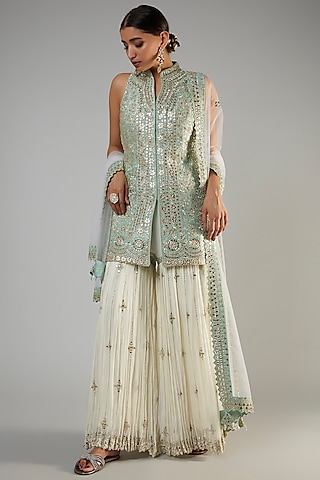 White Georgette Embroidered Gharara Set by Suhino