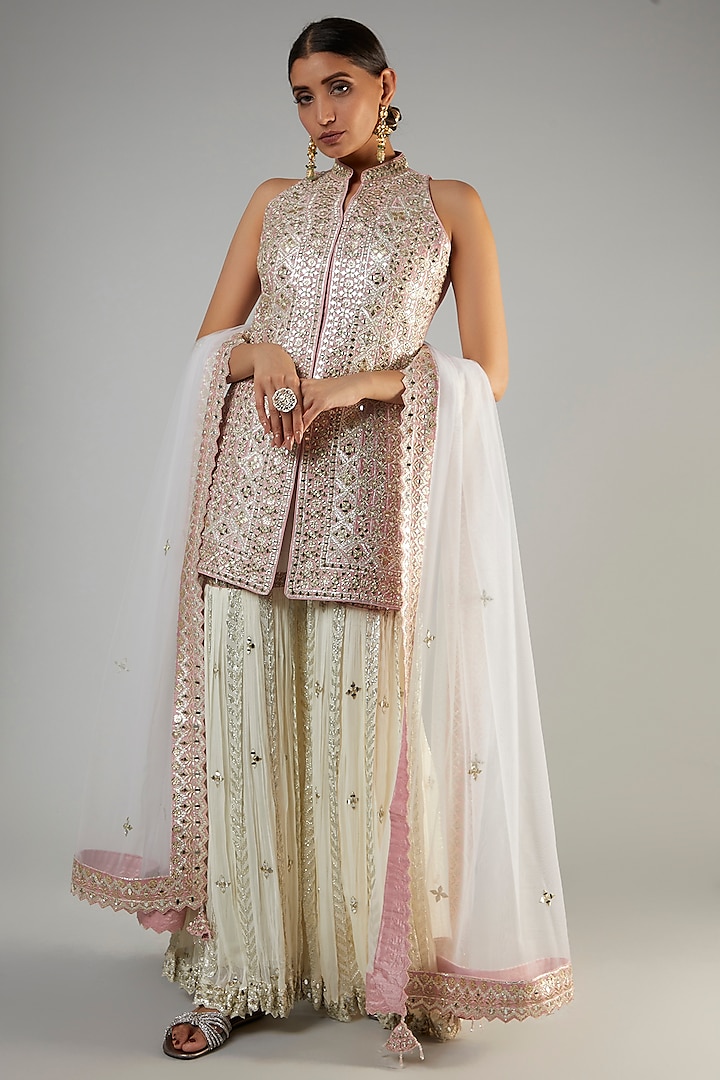 White Georgette Embroidered Gharara Set by Suhino