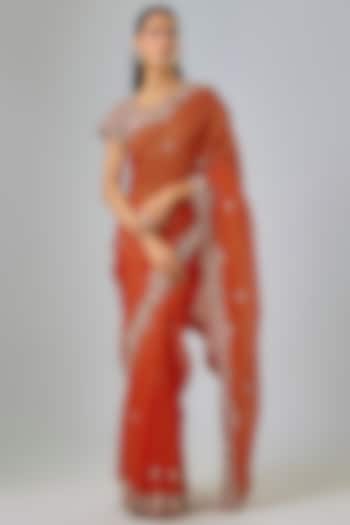 Rust Organza Zardosi Embroidered Reception Saree Set by Suhino at Pernia's Pop Up Shop