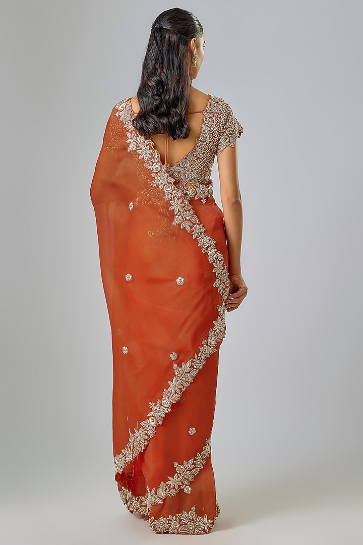 Rust Organza Zardosi Embroidered Reception Saree Set by Suhino at Pernia's Pop Up Shop