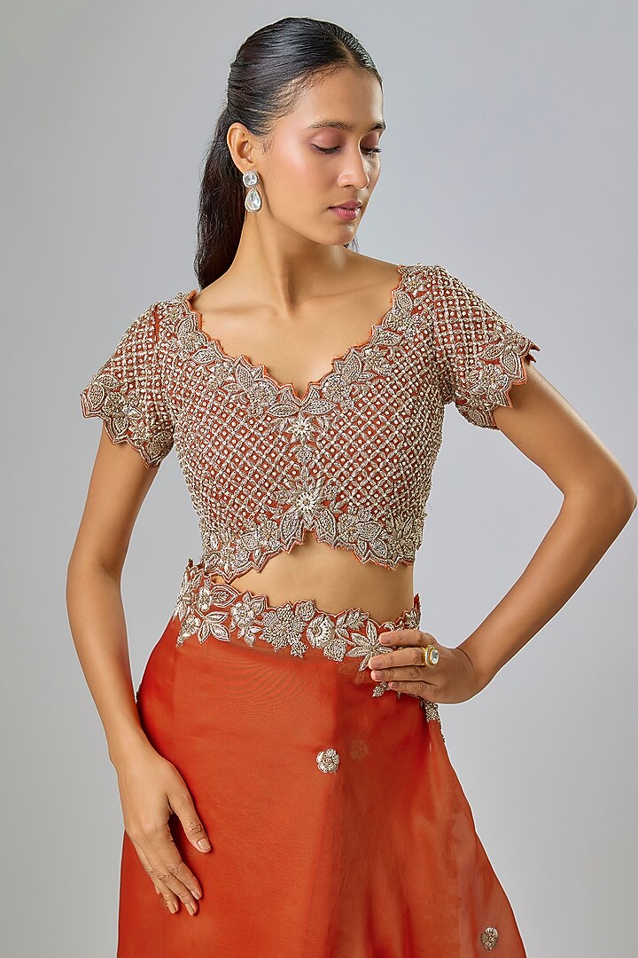 Rust Organza Zardosi Embroidered Reception Saree Set by Suhino at Pernia's Pop Up Shop