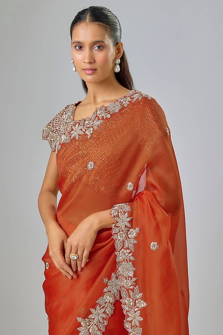 Rust Organza Zardosi Embroidered Reception Saree Set by Suhino at Pernia's Pop Up Shop