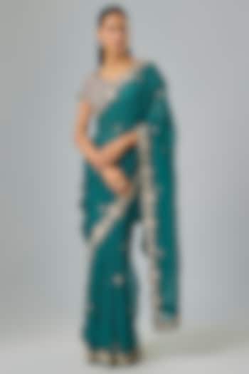 Teal Organza Zardosi Embroidered Reception Saree Set by Suhino at Pernia's Pop Up Shop