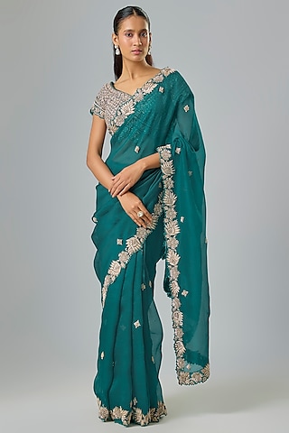 Teal Organza Zardosi Embroidered Saree Set by Suhino