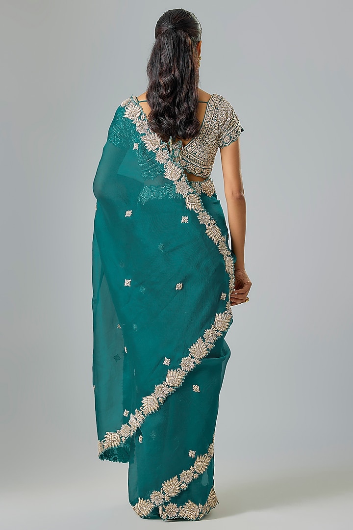 Teal Organza Zardosi Embroidered Reception Saree Set by Suhino at Pernia's Pop Up Shop