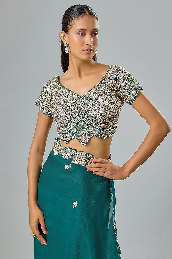 Teal Organza Zardosi Embroidered Reception Saree Set by Suhino at Pernia's Pop Up Shop