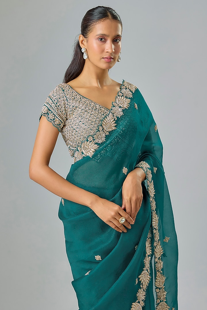 Teal Organza Zardosi Embroidered Reception Saree Set by Suhino at Pernia's Pop Up Shop