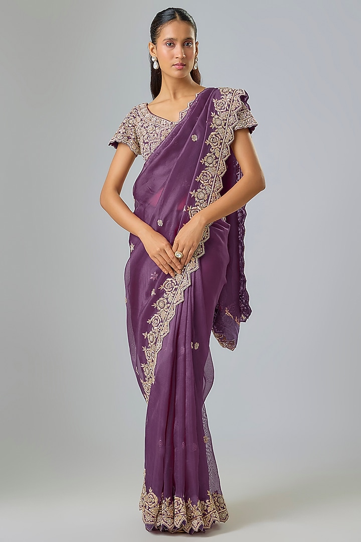 Purple Organza Zardosi Embroidered Reception Saree Set by Suhino at Pernia's Pop Up Shop