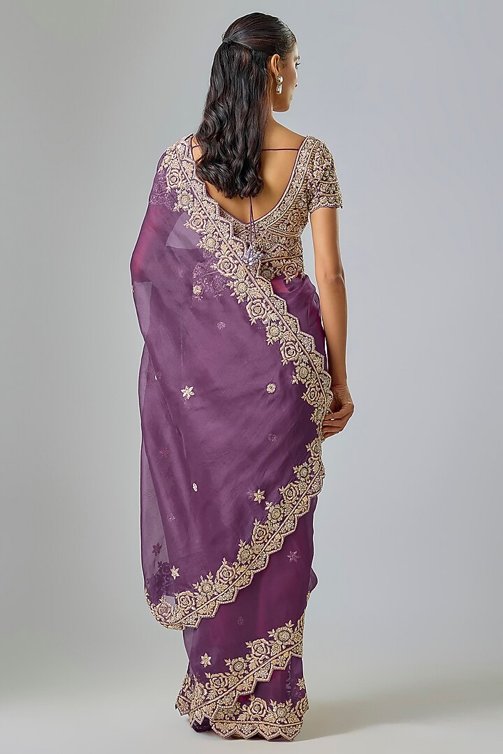 Purple Organza Zardosi Embroidered Reception Saree Set by Suhino at Pernia's Pop Up Shop