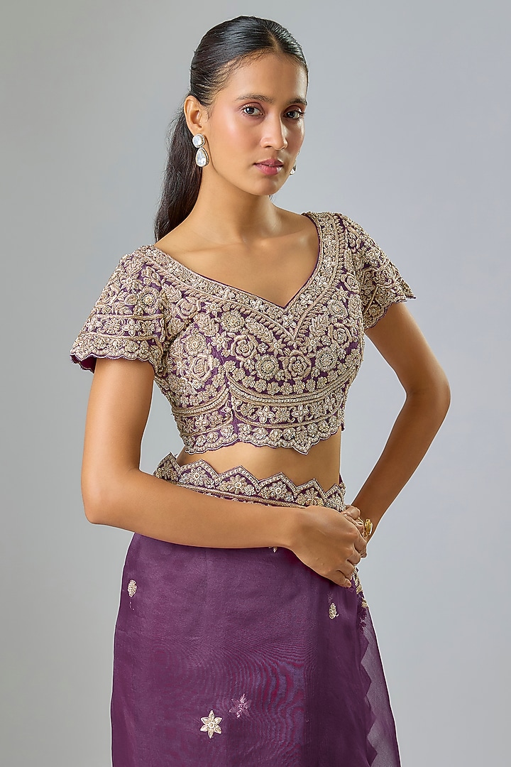 Purple Organza Zardosi Embroidered Reception Saree Set by Suhino at Pernia's Pop Up Shop