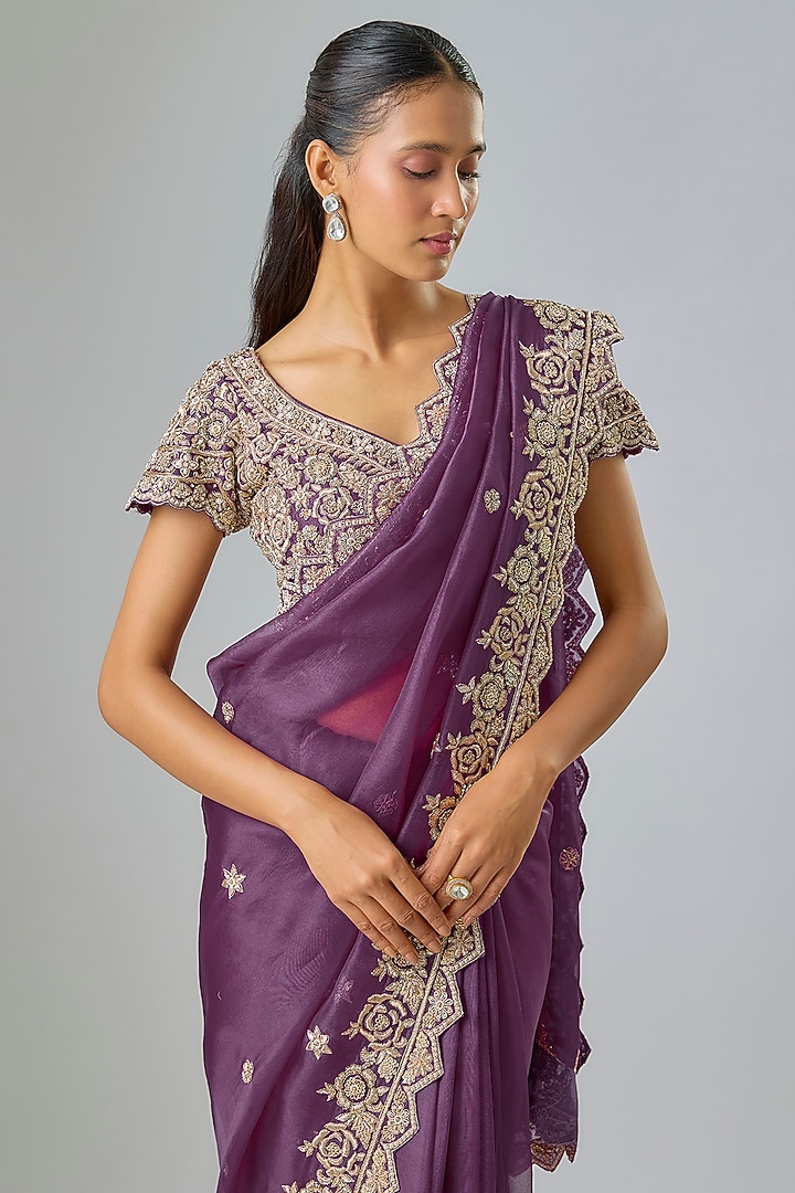 Purple Organza Zardosi Embroidered Reception Saree Set by Suhino at Pernia's Pop Up Shop