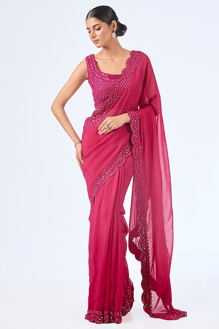 Hot Pink Organza Mirror Embroidered Wedding Saree Set by Suhino at Pernia's Pop Up Shop