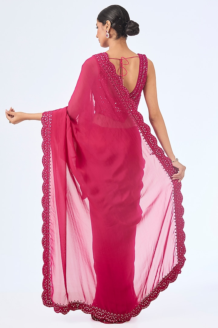 Hot Pink Organza Mirror Embroidered Wedding Saree Set by Suhino at Pernia's Pop Up Shop
