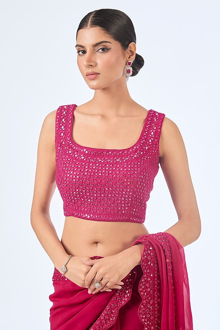 Hot Pink Organza Mirror Embroidered Wedding Saree Set by Suhino at Pernia's Pop Up Shop