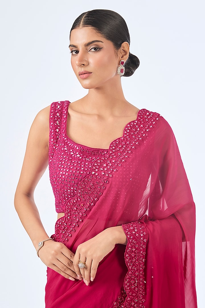 Hot Pink Organza Mirror Embroidered Wedding Saree Set by Suhino at Pernia's Pop Up Shop