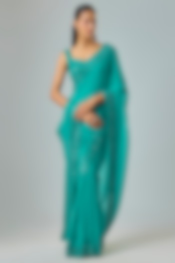 Teal Organza Resham Embroidered Wedding Saree Set by Suhino at Pernia's Pop Up Shop