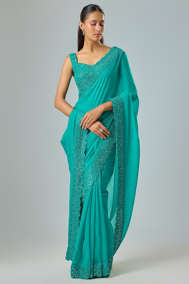 Teal Organza Resham Embroidered Wedding Saree Set by Suhino at Pernia's Pop Up Shop