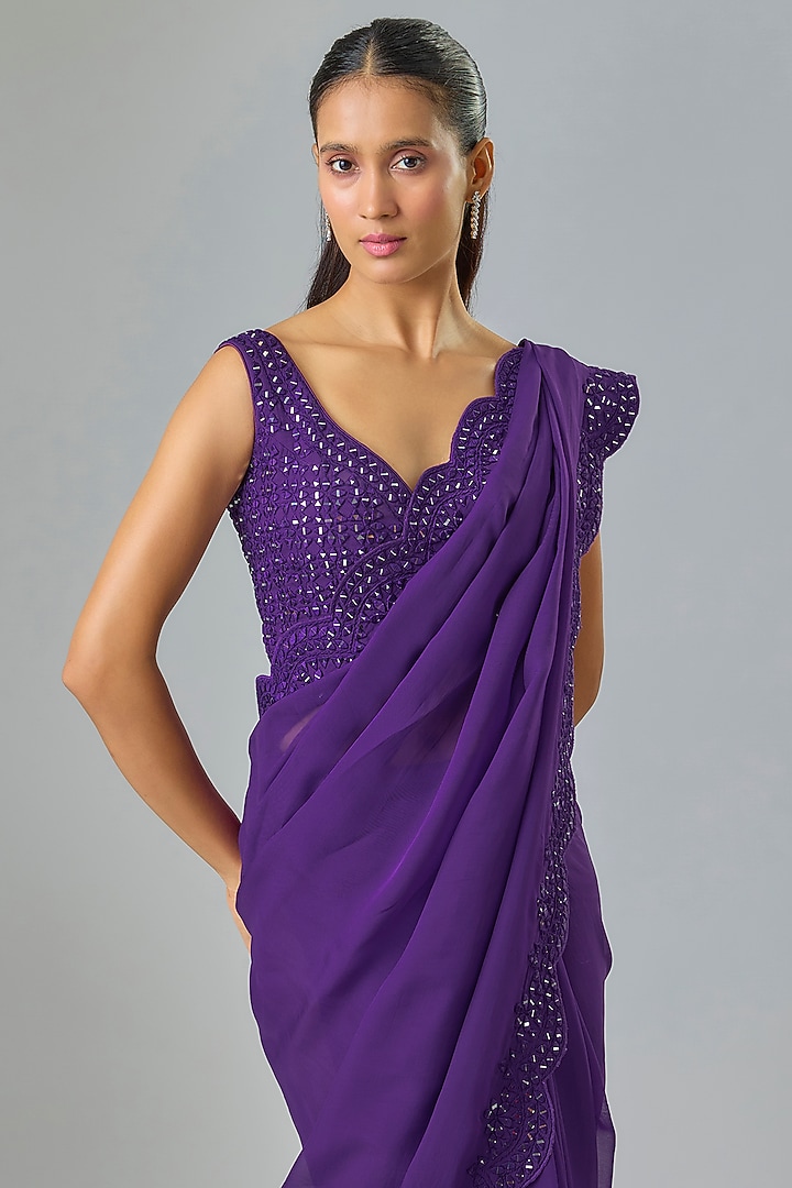 Purple Organza Resham Embroidered Wedding Saree Set by Suhino at Pernia's Pop Up Shop