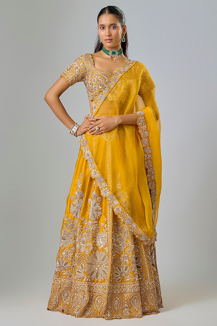 Mustard Slub Silk Zardosi Hand Embroidered Bridal Lehenga Set by Suhino at Pernia's Pop Up Shop