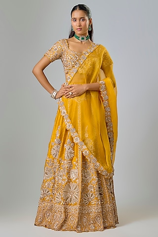 Mustard Slub Silk Zardosi Hand Embroidered Lehenga Set by Suhino