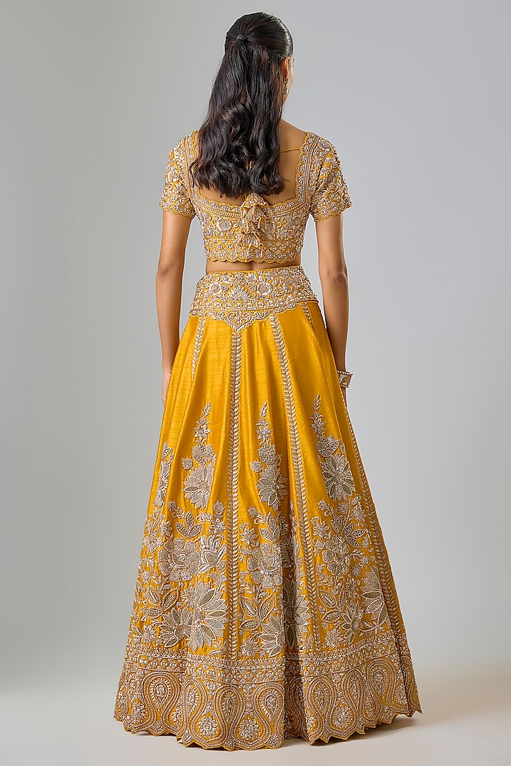 Mustard Slub Silk Zardosi Hand Embroidered Bridal Lehenga Set by Suhino at Pernia's Pop Up Shop