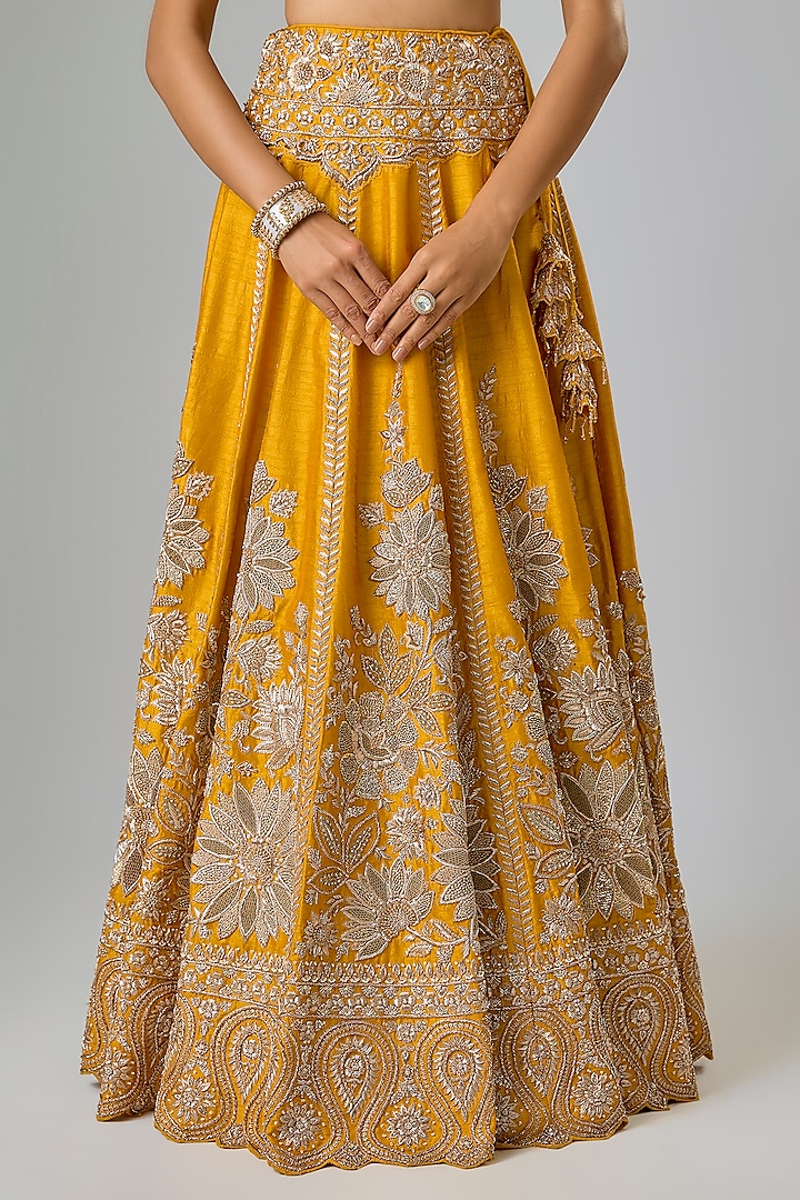 Mustard Slub Silk Zardosi Hand Embroidered Bridal Lehenga Set by Suhino at Pernia's Pop Up Shop