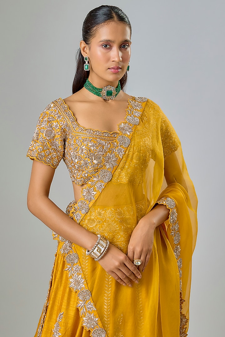 Mustard Slub Silk Zardosi Hand Embroidered Bridal Lehenga Set by Suhino at Pernia's Pop Up Shop