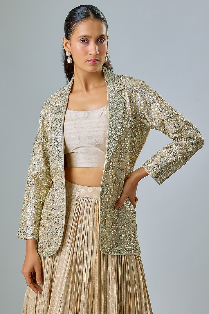 Champagne Georgette Zari Embroidered Jacket Wedding Lehenga Set by Suhino at Pernia's Pop Up Shop