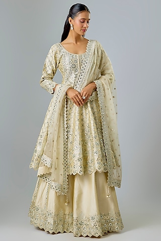 Cream Taffeta Zari Embroidered Anarkali Set by Suhino