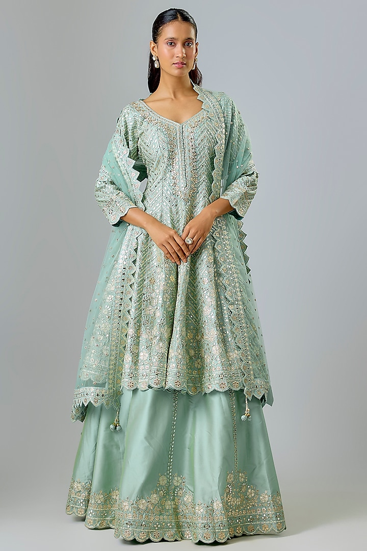 Aqua Taffeta Zari Embroidered Wedding Anarkali Set by Suhino at Pernia's Pop Up Shop