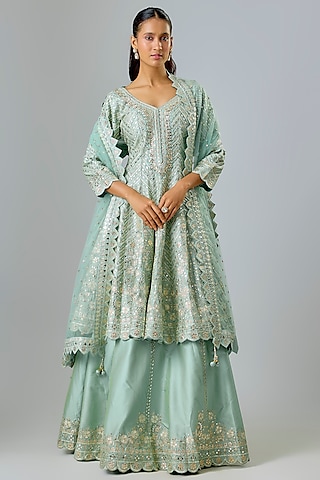 Aqua Taffeta Zari Embroidered Anarkali Set by Suhino
