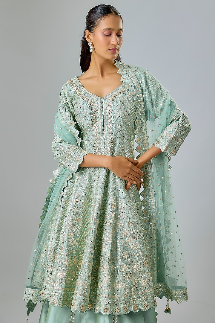 Aqua Taffeta Zari Embroidered Wedding Anarkali Set by Suhino at Pernia's Pop Up Shop