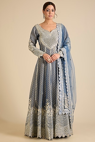Steel Grey Tissue Anarkali Set by Suhino